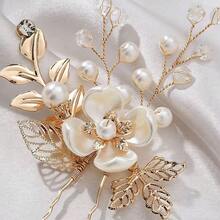 Bridal Vintage Handmade Faux Pearl Flower Hair Pin Elegant Xiuhe Bun Hair Accessory Gold Leaf U-Shaped Hair Pin - Multicolor - View 6