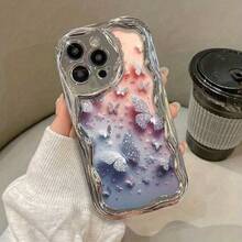 1件裝美學粉色蝴蝶字母圖案彩繪新款時尚電鍍水滴波紋TPU防震手機殼，適用於Apple XS/XS Max/XR/11/12/13/14/14 Plus/15/15 Plus/16/16 Plus/7/8 Plus保護殼 - 彩色 - 查看 2