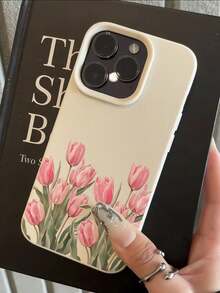 Tulip Lychee Textured Phone Case, Wear-Resistant & Anti-Drop Floral Protective Cover, Compatible With Apple 7/8/XR/XS Max/11/12/13 Pro Max/14 Pro Max/14/15 Pro Max/15/16 Pro Max/16/17 Pro Max/17Pro, Birthday Gift, Back To School Gift, Christmas Gift, Daily Essential - Beige - View 4