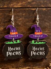 1 Pair European & American Vintage Double-Layer Wooden Earrings, Halloween Witch Hat & Magic Cauldron Fun Text Earrings - Black - View 6