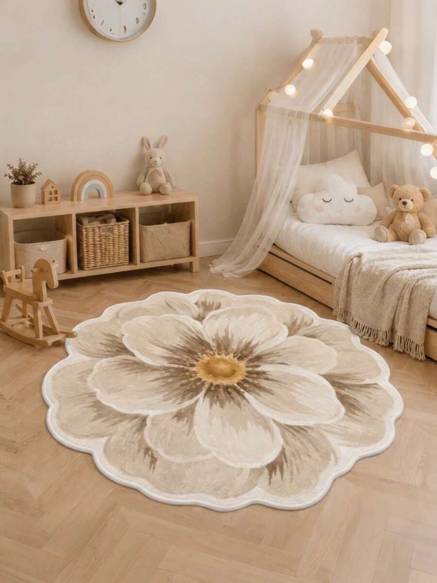 1 Stück 2026 Neu - Elegante cremeweiße blumenförmige Bodenmatte, mit goldgelber Blumenmitte, weichen geschichteten Blütenblattdetails und realistischer Plüschtextur, dekorativer Teppich, Schlafzimmerdekoration, kleiner Teppich, Teppich, Heimdekoration, Wohnzimmerteppich, Wohnzimmer kleiner Teppich, Schlafzimmerteppich, Wohnzimmer Heimdekoration, Außenteppich, waschbarer Teppich - Verschiedenfarbig - Übersicht 1