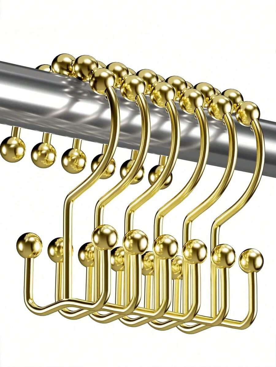 12pcs Metal Gold Shower Curtain Hooks, Double Hook Design, Bathroom Curtain Rings, Autumn Decor, Bathroom Decoration, Mountain Shape Design, Multi-Functional Home Metal Shower Curtain Hooks - Multicolor - View 1
