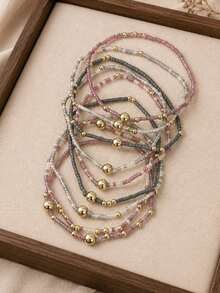 9pcs/Set Bohemian Handmade Beaded Elastic Bracelets, Multi-Layer Stackable, Suitable For Women's Daily, Vacation, Party Wear (Random Beads) - Multicolor - View 2