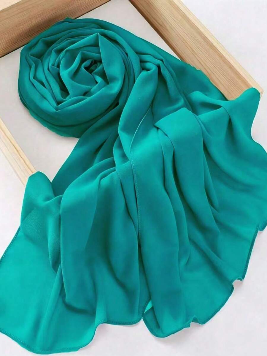 1pc Modest Hijab Chiffon Casual Fashion Versatile Everyday Simple Solid Color Women's Scarf - Teal Blue - View 1