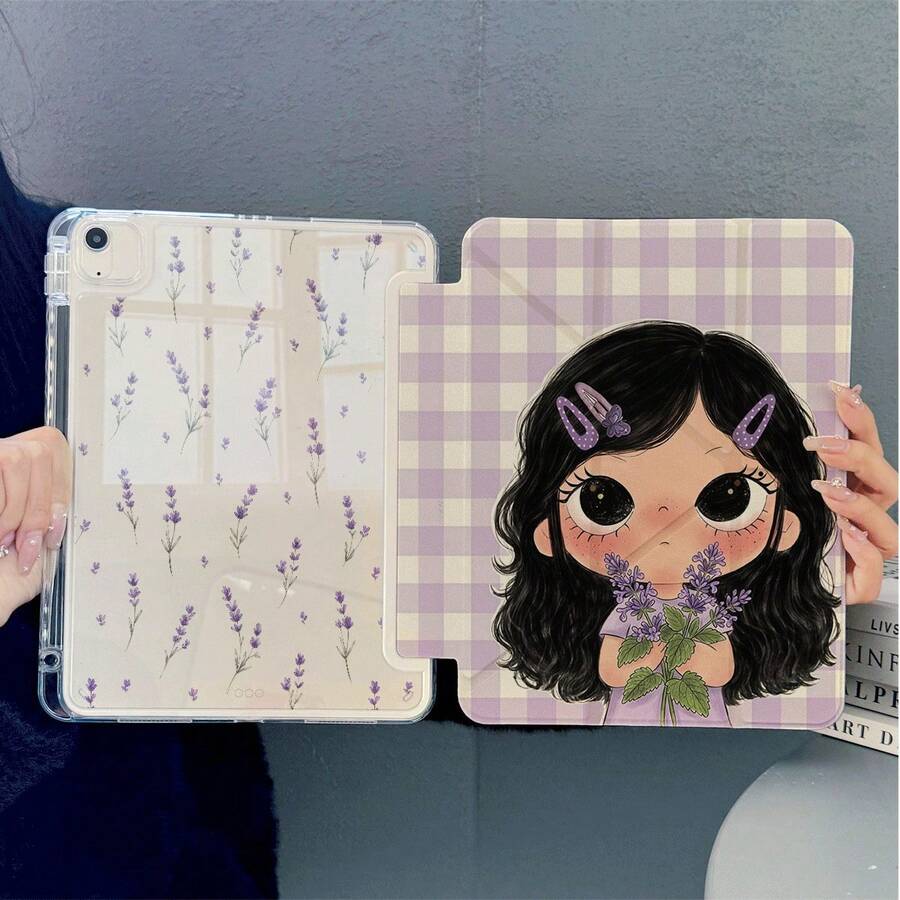 1pc Cream Base Cute Cartoon Girl Pink Headphone Music Note Star All-Over Print Tablet Protective Case, With Pen Slot And Auto Sleep/Wake Function, Compatible With IPad Pro/Air, Pad 5/6/21, Pad, MatePad, Honor Pad.