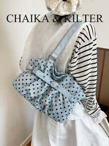 CHAIKA & KILTER 1件裝拼色PU布料托特包，女款時尚單肩托特包，滿版波點圖案，雙手柄設計，拉鍊開合，肩帶裝飾，適合日常與街頭使用 - 淺藍色 - 查看 7