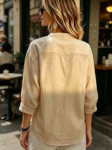 Fashion Women's Solid Color V-Neck Button Long Sleeve Shirt, Regular Fit, Suitable For Daily Wear - Khaki - View 3