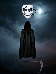 3-Piece Halloween Costume Set For Adults, White Scary Ghost Face Mask With Black Eye Makeup And Stitched Mouth, Black Hooded Cloak Robe And Grim Reaper Scythe Prop Weapon, Gothic Dark Grim Reaper Ghost Horror Cosplay Outfit, Suitable For Halloween Party, Cosplay, Costume Party, Theme Party, Stage Performance, Photo Shoot, Haunted House, Role Play, Prop Gift - Multicolor - View 3