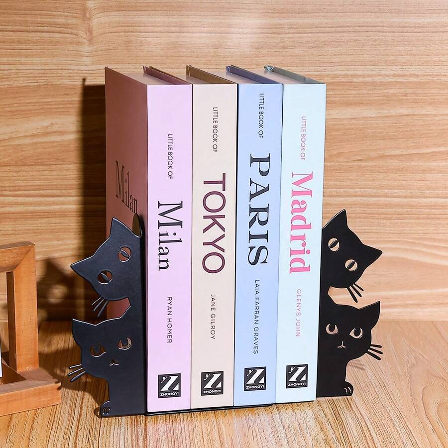 Narrow And Convenient Metal Cat Bookends, A Pair Of Cute Cat Bookends, Suitable For Bookshelf Decoration, Perfect For Home, Office, Desk, And Bookshelf Decoration (Front Half, Back Half).
