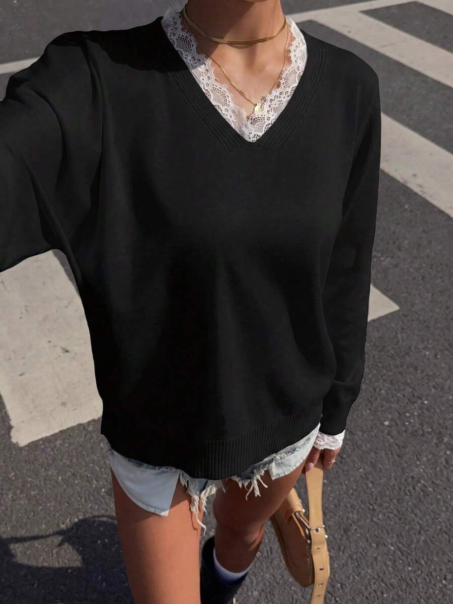 Women's Lace Trim V-Neck Top Elegant Long Sleeve Tee For Fall And Winter, Everyday Casual Outfits Perfect For Date - Black - View 1