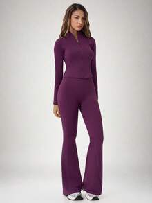 NcmRyu One Set Women's Seamless Ribbed Zip-Up Mock Neck Long Sleeve Flare Pants Sports Set - Purple - View 7