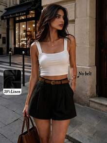 Women's Casual Linen Blend Pleated Design Side Pocket A-Line Shorts, Spring/Summer Black, Vacationcore, Everyday Wear - Black - View 4