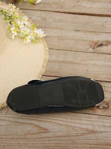 Leopard Head Metal Buckle Navy Blue Shiny White Patchwork Square Toe Mary Jane Slip-On Hook And Loop Shallow Cut Women's Shoes, Suitable For Daily Commute Versatile Shoes, All-Season Comfortable Handmade Shoes, Elegant Slip-On Work Loafers, Mary Jane Ballet Shoes - Navy Blue - View 8