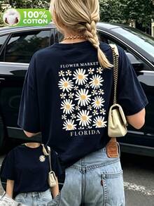 Women's Navy Blue "Florida Flower Market" Daisy Print Cotton Crew Neck Short Sleeve Casual T-Shirt, Spring/Summer/Autumn Vacation - Navy Blue - View 2