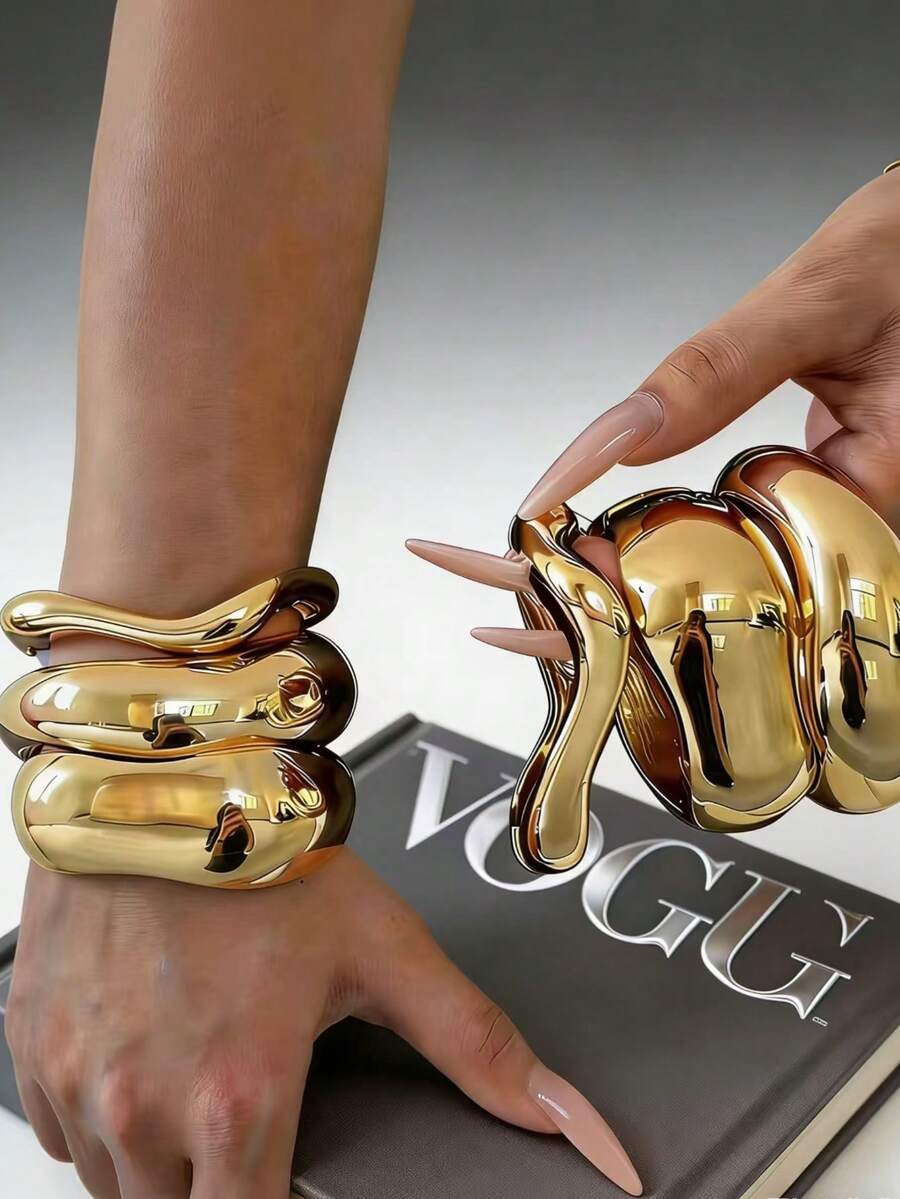 3pcs/2pcs/1pc Luxury Bracelet, Gold Bracelet, Wide Bracelet, Thick Bracelet, Bracelet Set, Wide Bracelet - Yellow Gold - View 1