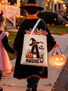 Personalized Halloween Candy Tote Bag, Customizable Name Pumpkin Ghost Witch Printed Tote Bag, Customized Commemorative Gifts For Family And Friends - Multicolor - View 8