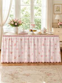 1pc Pink Plaid Print Lace Table Skirt, Fresh Polyester Rectangular Dining Table Apron, Perfect Pleated Tablecloth, Suitable For Camping, Autumn Decor And Party Decoration - Multicolor - View 3