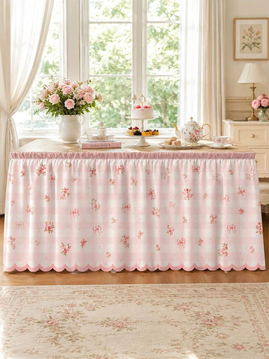 1pc Pink Plaid Print Lace Table Skirt, Fresh Polyester Rectangular Dining Table Apron, Perfect Pleated Tablecloth, Suitable For Camping, Autumn Decor And Party Decoration - Multicolor - View 1