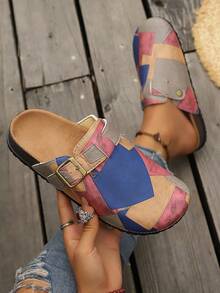 Vintage Colorblock Closed Toe Half-Slingback Women's Mori Style Patchwork Flat Casual Mule Slides - Color - View 6
