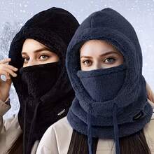1pc/Set Women's Winter Fleece-Lined Balaclava Hood, Lightweight Warm Solid Color Face Cover With Adjustable Elastic Drawstring And Windproof Ear Coverage, For Cycling, Skiing And Outdoor Sports - Multiple Styles - View 5