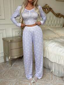 2pcs Women's Heart Print Long Sleeve Top + Long Pants Pajama Set - Purple - View 2