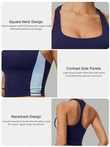 Sodalemon Women's Colorblock Fitness Running Sports Tank Top, Racerback With Removable Padding, Elastic Workout Top, Suitable For Pilates Yoga Exercise - Blue - View 3