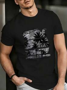 Casual Cotton T-Shirt For All Seasons With Printed Design Of Beach Palm Trees And Summer Sunset, Round Neck, Soft, Stretchy. - 黑色 - 查看 2