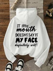Sweatshirt Berkerudung Wanita, Motif Huruf Baru Musim Gugur/Dingin, Desain Tali Serut, Dengan Saku, Atasan Longgar Kasual Serbaguna, Modis Putih untuk Musim Gugur - Putih - View 11