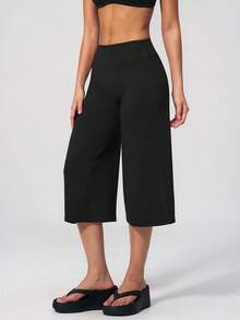 DINBEY Women's High Waist Tummy Control Butt Lifting Wide Leg Capri Yoga Pants, Soft Stretchy Non-See-Through Culottes For Workout & Lounge Sports - Black - View 2