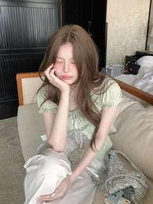 韓式設計蕾絲拼接 2 合 1 襯衫休閒夏季款 - 綠色 - 查看 5