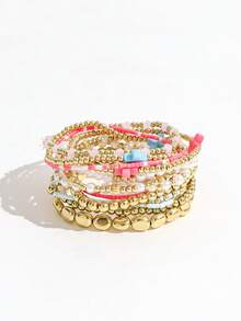 Juego de 13 pulseras elásticas con cuentas en forma de cruz y bloques de color dopamina para mujer, estilo francés suave, con perlas falsas, multicapa y apilables - Dorado - Ver 4