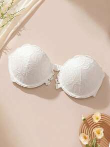 Women's Strapless Front Closure Lace Push-Up Underwire Bra, Backless Non-Slip Bandeau Lingerie, Heart-Shaped Cup Panty Set - White - View 7