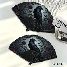 Dark Vintage Crow & Red Rose Kung Fu Folding Fan, Halloween Photography Backdrop Accessory, Niche Gothic Style - Multicolor - View 2