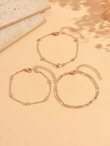 3pcs/Set Elegant Heart Rhinestone Layered Gold Bracelet Set, Fashionable Women's Hand Jewelry Suitable For Daily Wear, Dating, Vacation And Party - Gold - View 2