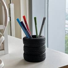 1pc Creative Realistic Tire Shaped Pen Holder, Car Enthusiast Desk Accessory, Personalized Desktop Storage Bucket, Stationery Office Organizer Decor - Multicolor - View 6