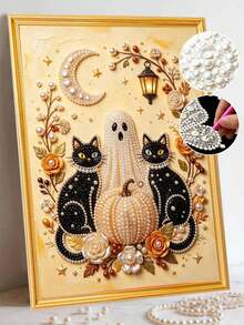 1pc/3pcs Pearl Painting Set Halloween Ghost Round Half Pearl Rhinestone Art Craft For Adults Home Wall Decoration Surprise Holiday Gift, Unframed - No Frame - View 3