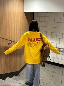 Fashionable Women's Car Star Letter Print Design T-Shirt, Long Sleeve, Loose Street Style Casual Top For Autumn - Yellow - View 3