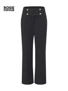 ROSIE POPHUB Women's Black Elegant Mid Waist Wide Leg Pants, Slim Fit Button Decor Office Trousers, Commute Daily Bottoms For Fall & Winter - Black - View 9