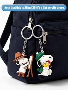 Snoopy Keychain Set, Acrylic Material, 2 Unique Cartoon Designs, Brown Hat Painter Snoopy On Mini Easel And Winter Sweater Snoopy Holding Christmas Hat, High-Quality Silver Split Ring, Car Key Organizer Pendant - Multicolor - View 1