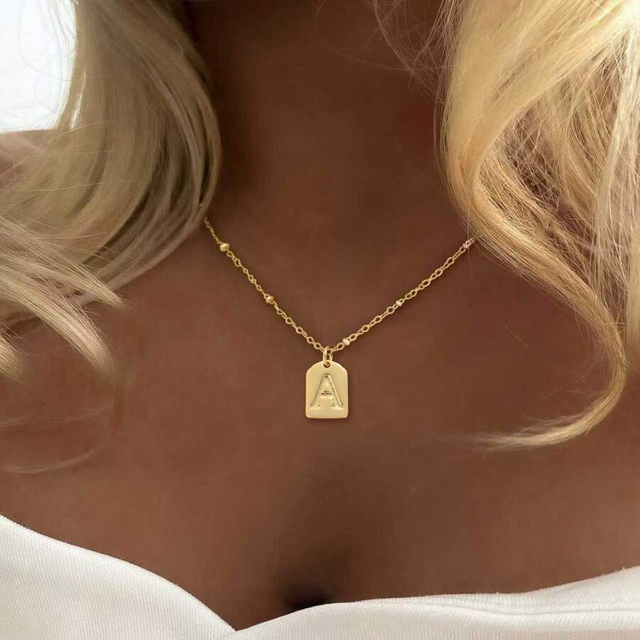 1pc Classic Rectangular Letter Pendant Gold Stainless Steel Bead Chain Necklace For Women - Golden Rectangular Letters - View 1