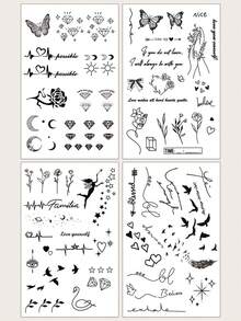 CAT QUEEN ART 4pcs Multi-Pattern Combination Semi-Permanent Tattoo Stickers, Herbal Juice, Butterfly, Diamond, Crescent Moon, Bird, Feather, Heart, Rose Designs, 7-14 Days Long-Lasting, Non-Fading, Non-Reflective, Waterproof Tattoo Stickers For Wrist, Ankle, Shoulder, Neck, Collarbone - Blue - View 12