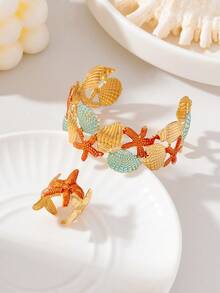 2pcs Ocean Starfish Shell Jewelry Set, Gradient Enamel Open Cuff Bracelet, Adjustable Ring, Beach Accessories - Colorful - View 3