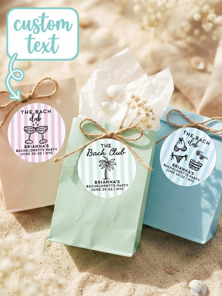 Personalized Custom Text Party Stickers, Circular Champagne Glass Labels, Beach-Themed Bridal Party Decorations, Custom Bach Party Small Gift Stickers. - Multicolor - View 1