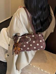 SIMUTINE 1pc Women's Vintage Versatile Classic Baguette Underarm Bag, Featuring Polka Dot Print And Leather Strap With Metal Buckle Decor, Fashionable Niche Atmosphere, Delicate Canvas Fabric, Zipper Closure, Suitable For Young Women's Spring/Autumn Commute, Date, Shopping, Daily Casual Wear (Pendant Not Included) - Coffee - View 7