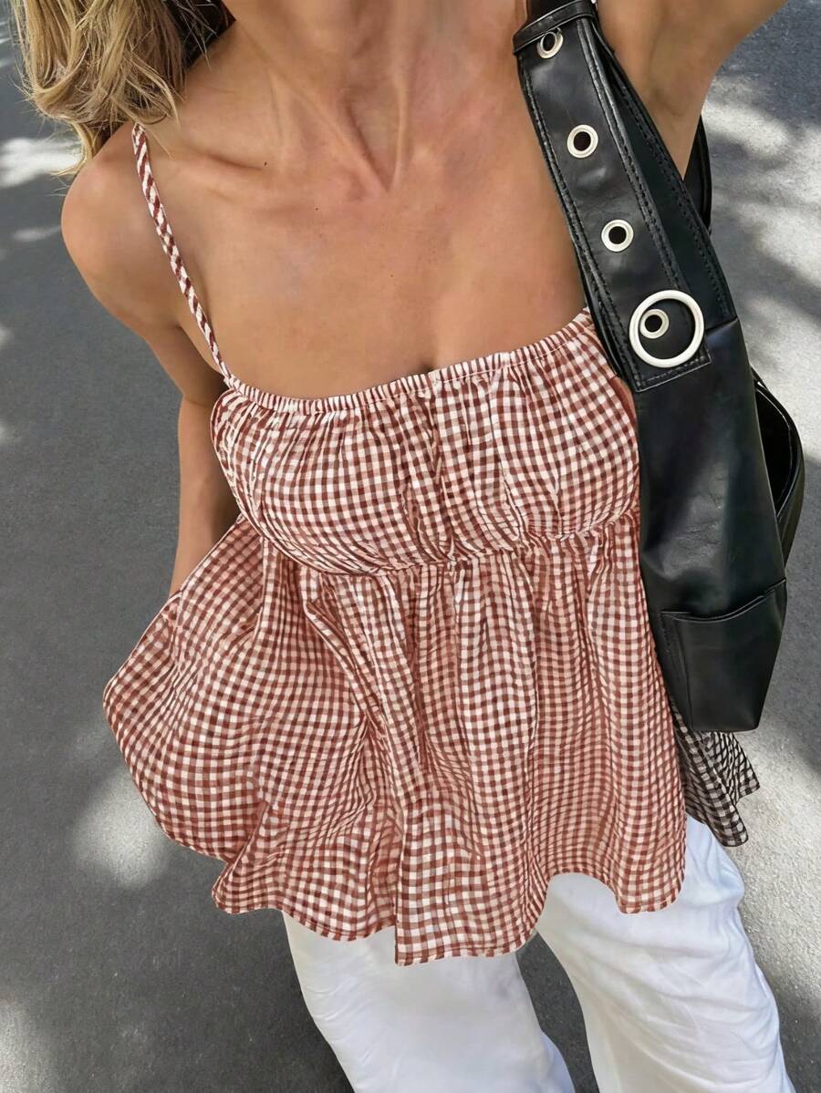 VIVINA Women's Minimalist Plaid Bubble Texture Ruffle Hem Camisole Top, Vacation Style Summer Outfits, Spring Tops - Rusty Rose - View 1