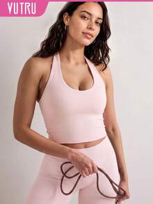 VUTRU 1 buah Bra Olahraga Wanita Model Halter Neck Berpilin Tanpa Punggung dengan Cup Tetap untuk Yoga dan Kebugaran Musim Gugur - Baby Pink - View 1