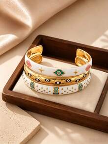 Open Cuff Bangle Set With Evil Eye Enamel And Rhinestone Decor, Bohemian Vintage Bracelet, Suitable For Daily Wear, Holiday Travel And Party Occasions, Stackable Design For Versatile Styling, Popular Fashion Accessory, Perfect For Anniversary And Holiday Gifts - Yellow Gold - View 1