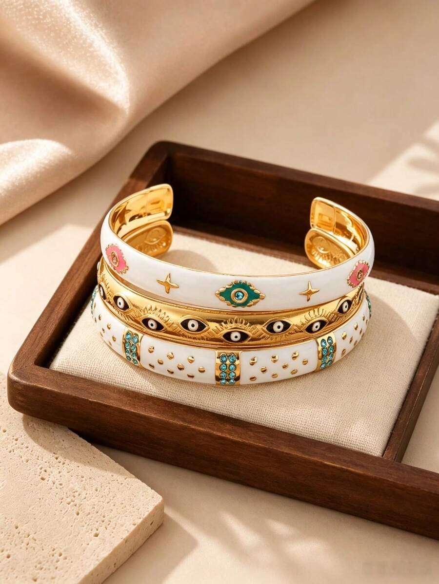 Open Cuff Bangle Set With Evil Eye Enamel And Rhinestone Decor, Bohemian Vintage Bracelet, Suitable For Daily Wear, Holiday Travel And Party Occasions, Stackable Design For Versatile Styling, Popular Fashion Accessory, Perfect For Anniversary And Holiday Gifts - Yellow Gold - View 1