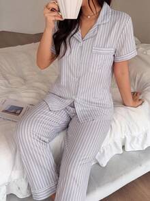 2pcs/Set Women's Pajama Set Grey & White Striped Pocket Embroidered Heart Short Sleeve Lapel Top And Pants, Suitable For All Seasons - Light Grey - View 4