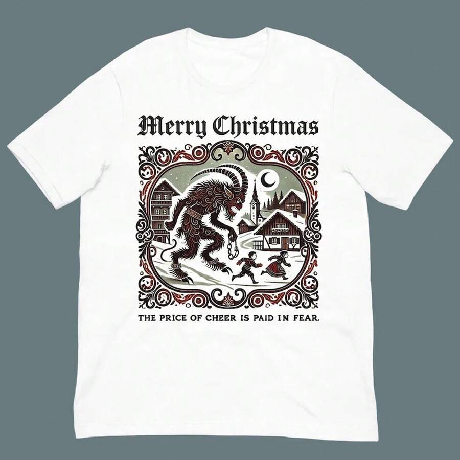 Krampus-Weihnachtsshirt - Grafik-T-Shirt mit alpiner -Mythologie, dunkles Weihnachts-Krampusnacht-Grafikshirt - Weiss - Übersicht 1